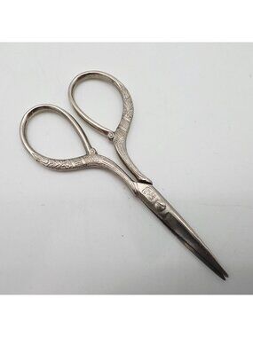 Antique German Silver Embossed Sewing Scissors Palm Trees Logo 3.75"
